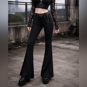 Black Lace Up Flare Pants S Gothic Y2K Bell Bottom High Rise Stretch Festival